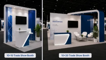 Comparison of 10x10 vs 10x20 trade show booth designs showcasing compact and large custom exhibition booth layouts.