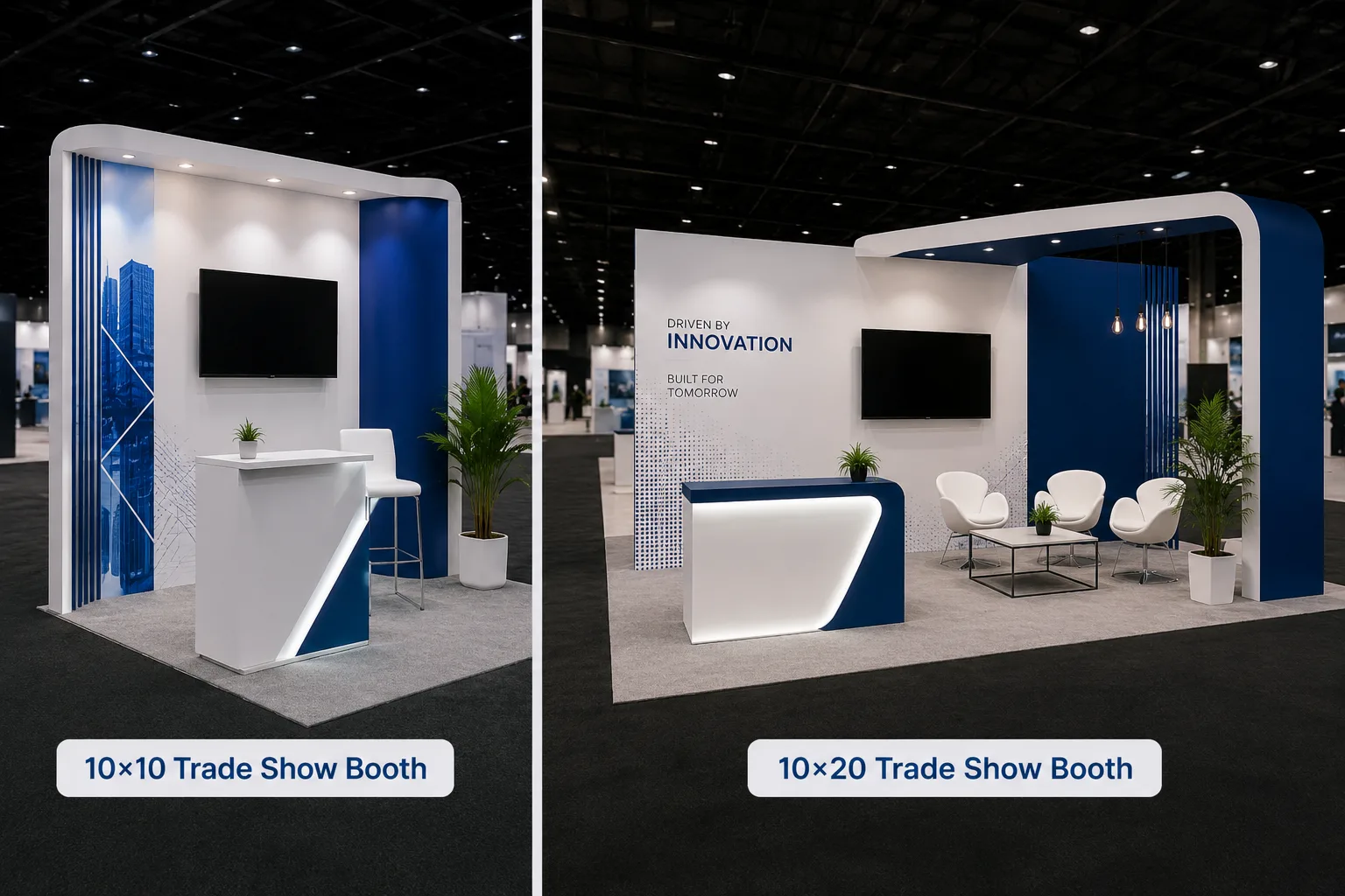 Comparison of 10x10 vs 10x20 trade show booth designs showcasing compact and large custom exhibition booth layouts.
