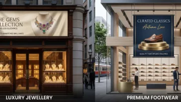 High-resolution outdoor storefront signage and indoor hanging physical banner mockup for retail branding