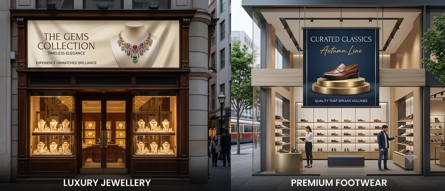 High-resolution outdoor storefront signage and indoor hanging physical banner mockup for retail branding