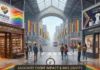 A wide-angle photograph of a bustling, arch-covered market arcade, decorated with extensive rainbow Pride Month branding, with specialized 'Rainbow Resources' (books) and 'Pride Merchandising Hub' (apparel) storefronts on either side, a Pride-wrapped tram in the distance, and numerous people browse and socialize, featuring central text overlays reading 'Pride Month Event Essentials' and 'Maximize Event Impact & Inclusivity.