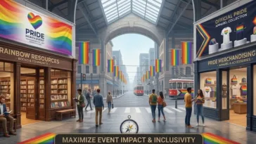 A wide-angle photograph of a bustling, arch-covered market arcade, decorated with extensive rainbow Pride Month branding, with specialized 'Rainbow Resources' (books) and 'Pride Merchandising Hub' (apparel) storefronts on either side, a Pride-wrapped tram in the distance, and numerous people browse and socialize, featuring central text overlays reading 'Pride Month Event Essentials' and 'Maximize Event Impact & Inclusivity.