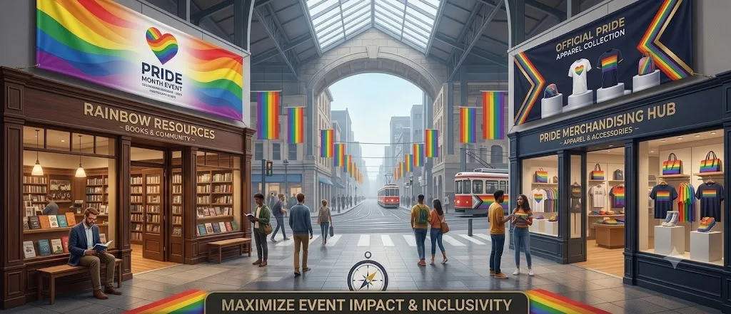 A wide-angle photograph of a bustling, arch-covered market arcade, decorated with extensive rainbow Pride Month branding, with specialized 'Rainbow Resources' (books) and 'Pride Merchandising Hub' (apparel) storefronts on either side, a Pride-wrapped tram in the distance, and numerous people browse and socialize, featuring central text overlays reading 'Pride Month Event Essentials' and 'Maximize Event Impact & Inclusivity.