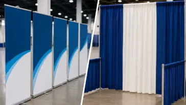 Partition Banner Stands vs Pipe and Drape display setup at a professional trade show exhibition