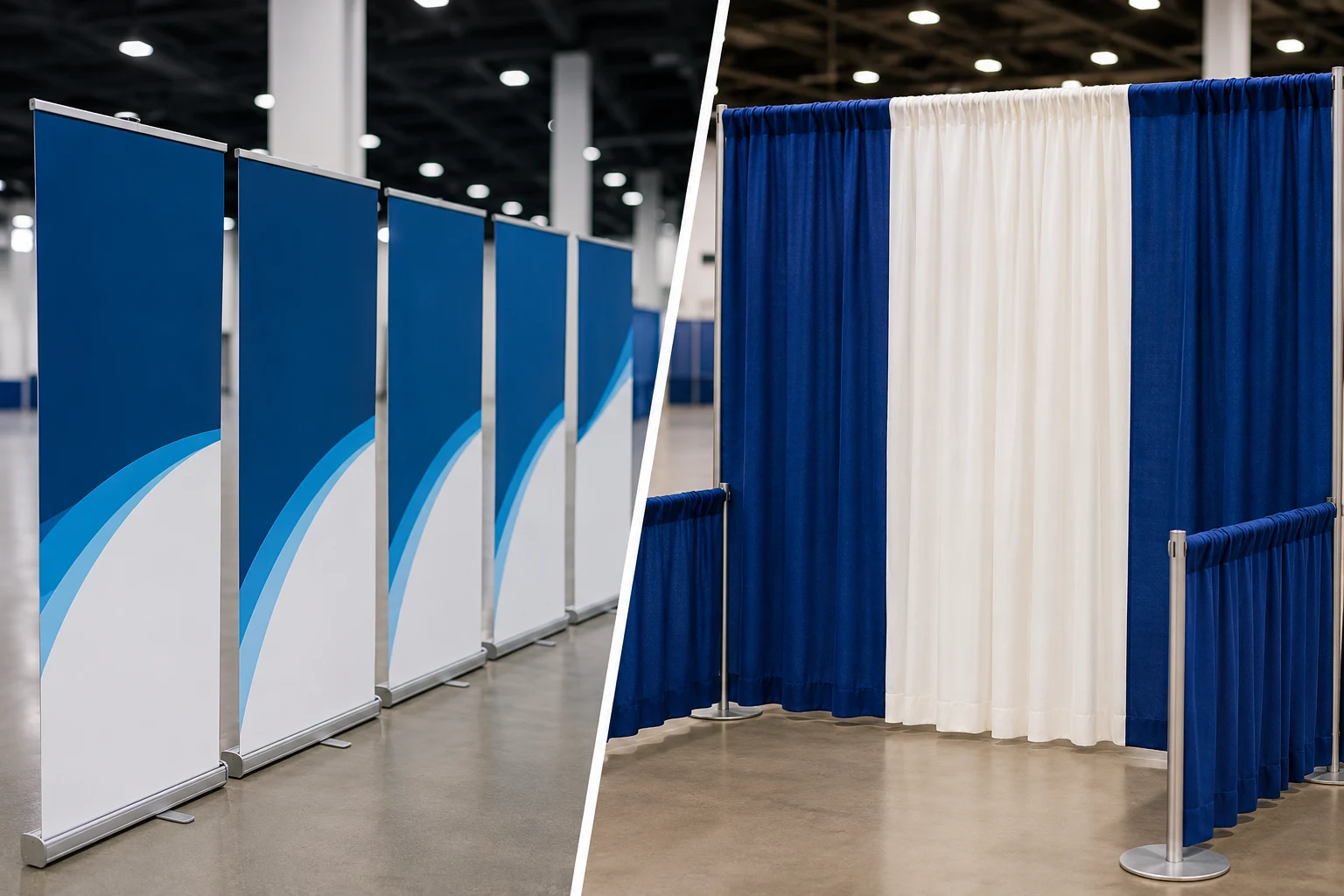 Partition Banner Stands vs Pipe and Drape display setup at a professional trade show exhibition